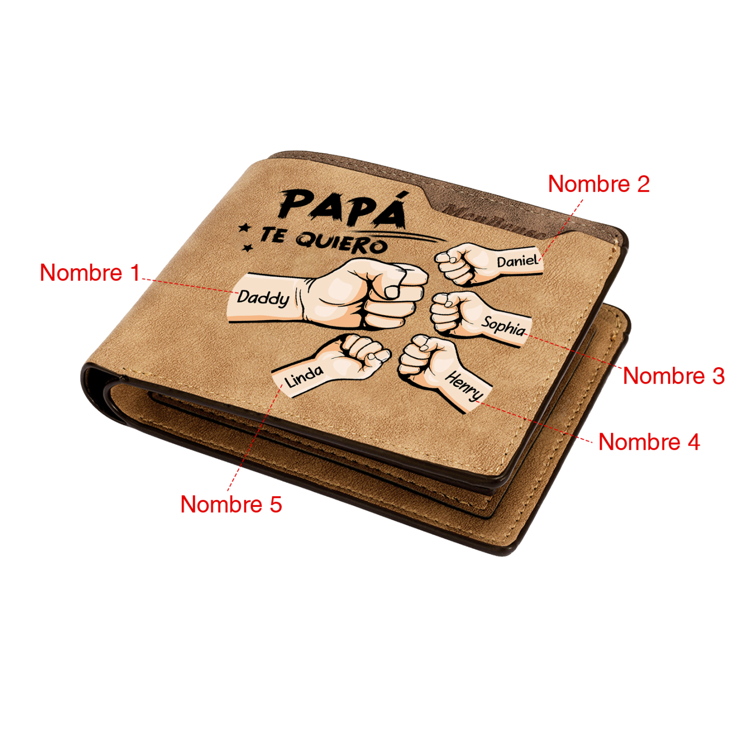 Cartera cuero PU para Papá - puños con 2-7 nombres