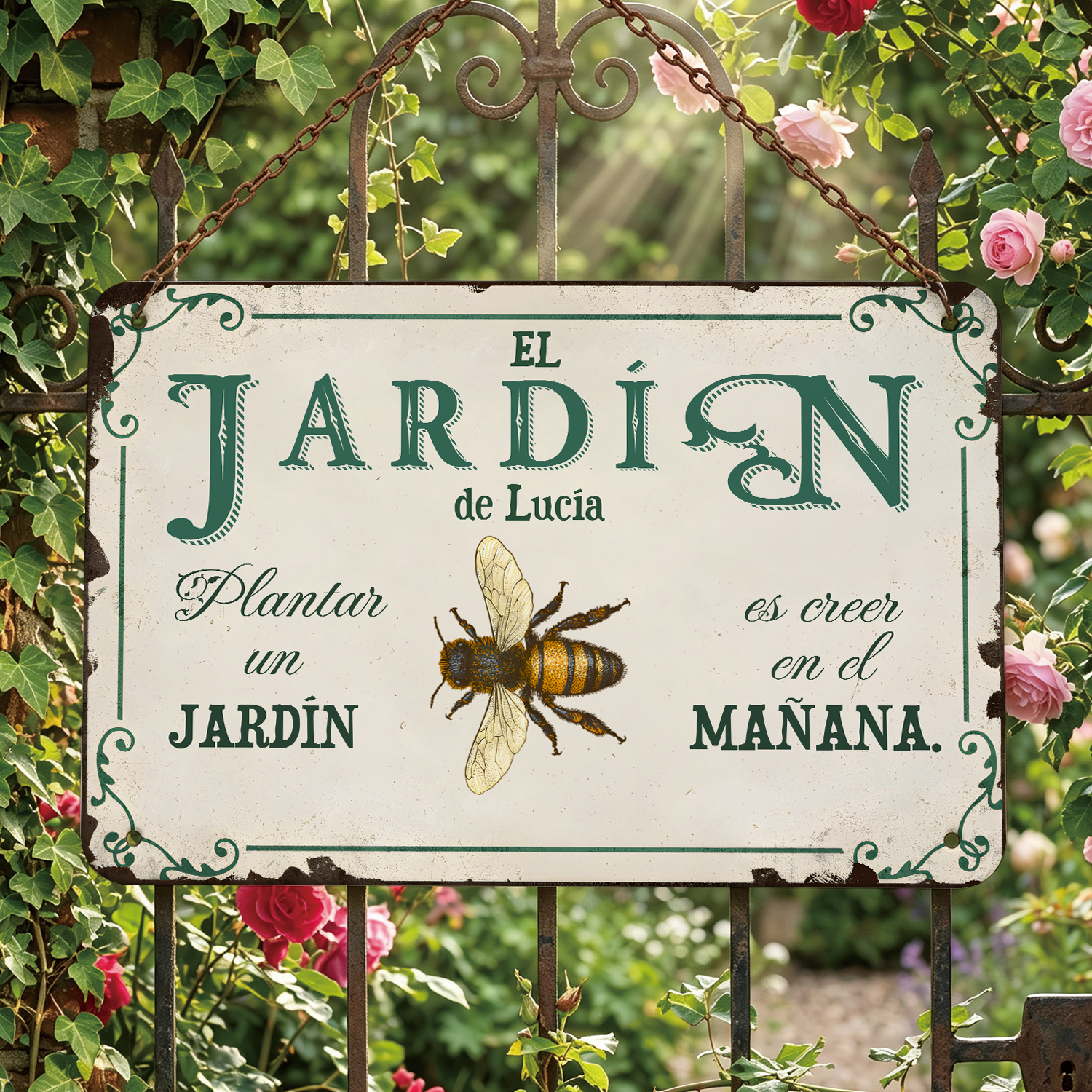 Letrero de jardín de metal personalizada con nombre y frase a elegir – decoración mural vintage