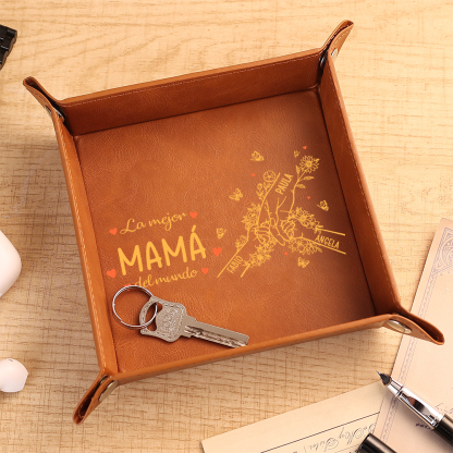 Bandeja vaciabolsillos de cuero personalizada con 2–7 nombres, el mejor regalo para mamá del mundo