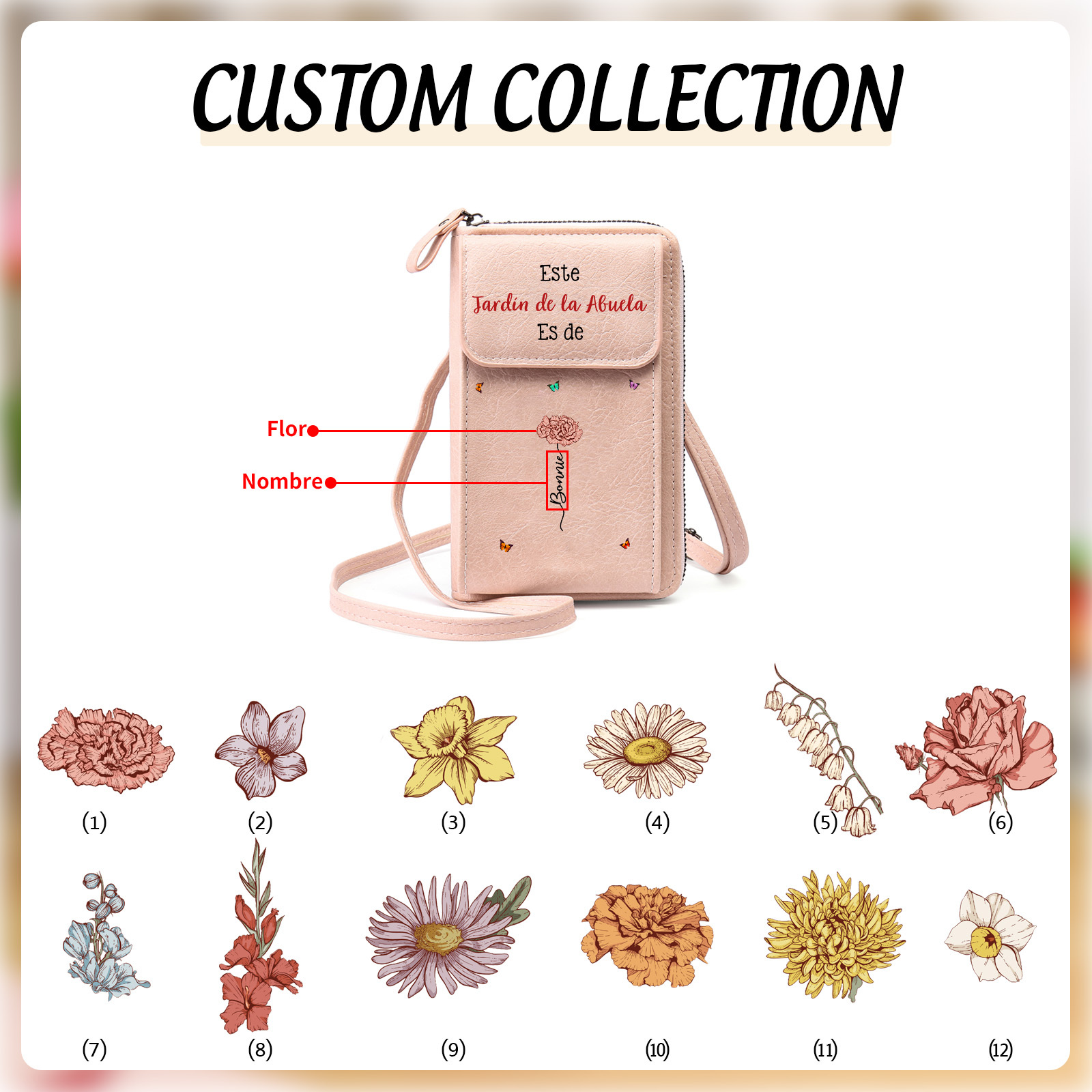 Bolso bandolera personalizado para móvil con nombre, regalo práctico para abuela y mamá | Jessemade