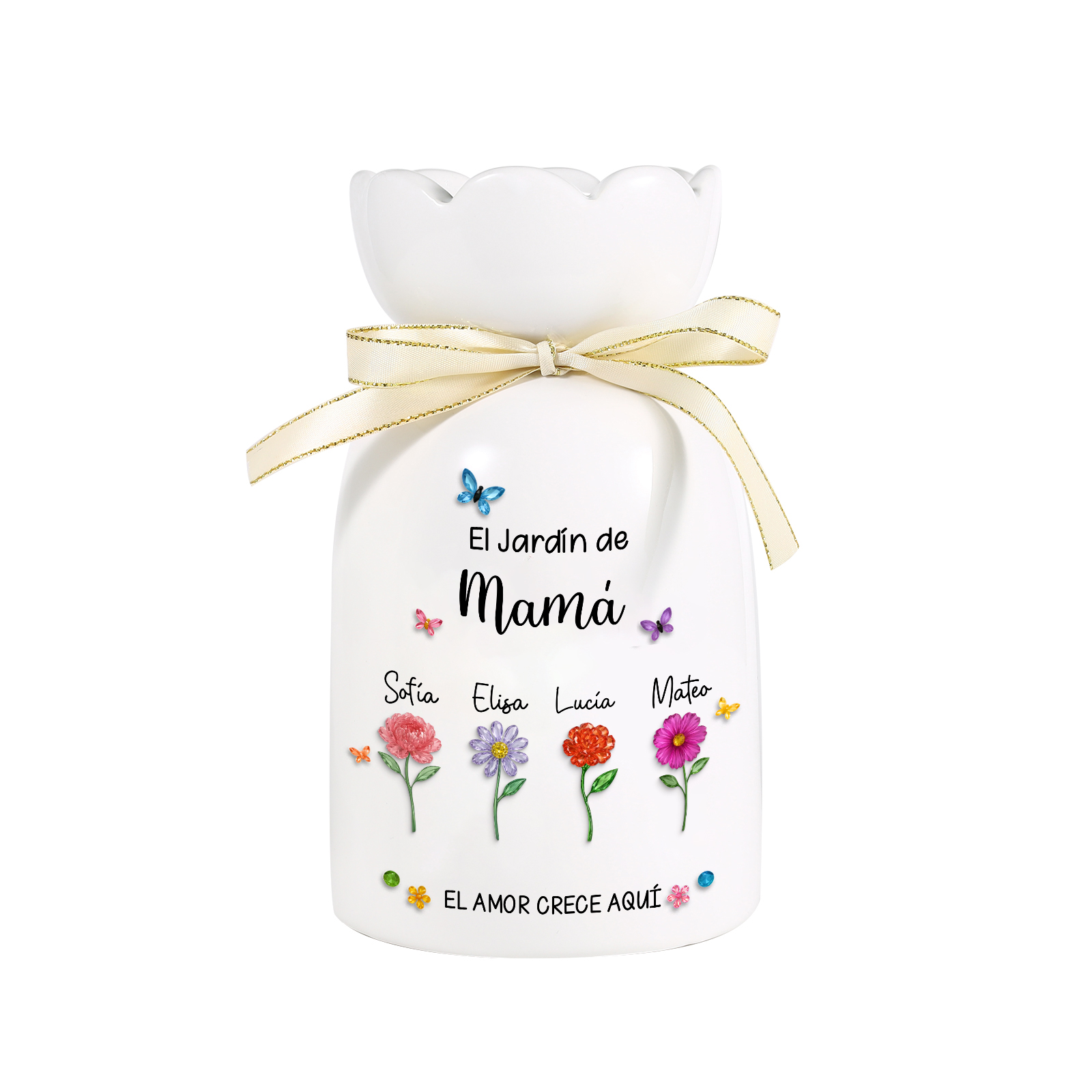 Florero personalizado «El jardín de mamá/abuela» con nombres y flores de los niños – decoración regalo Día de la Madre/de las Abuelas