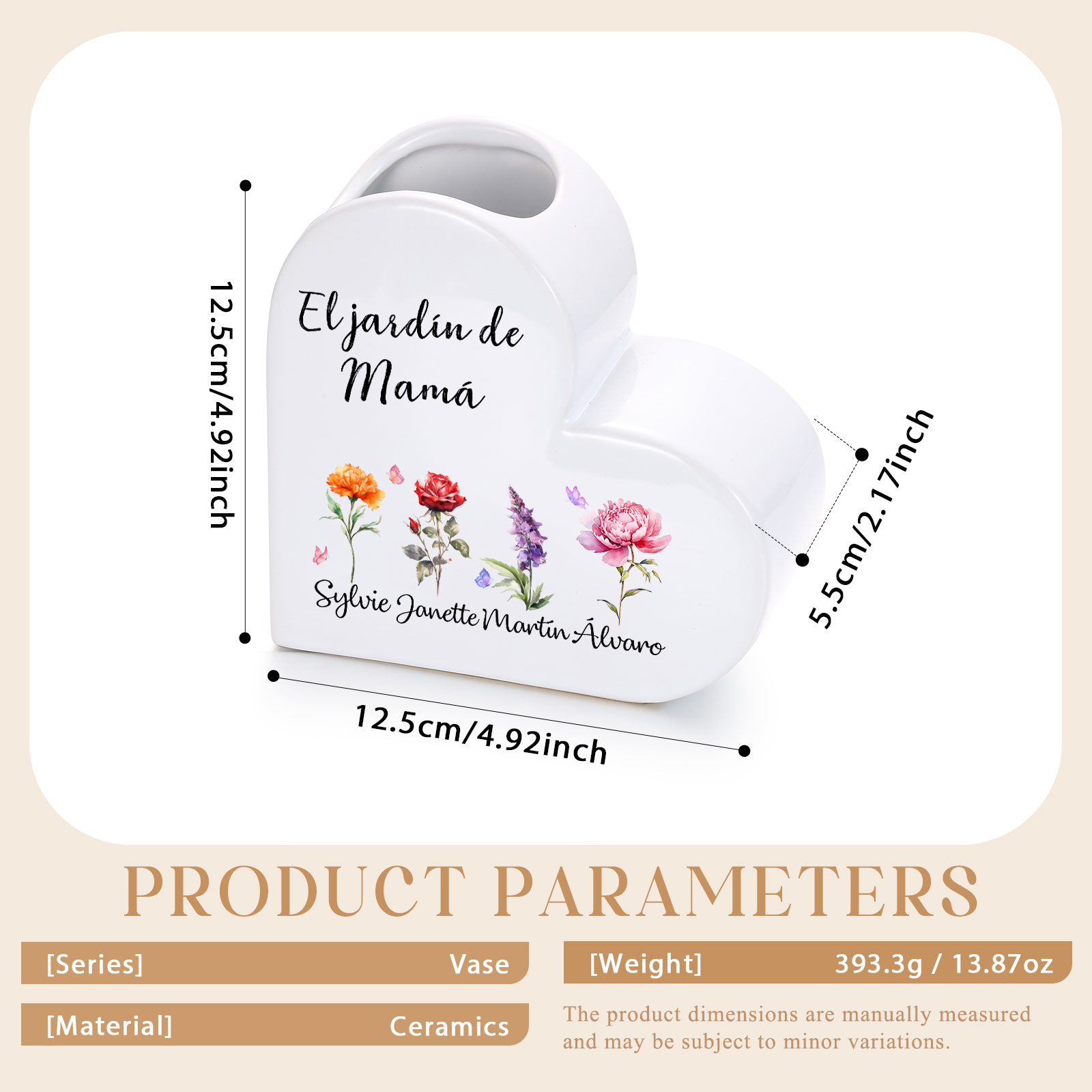 Jarrón de cerámica en forma de corazón personalizado con 1 a 12 flores de nacimiento y nombres de niños