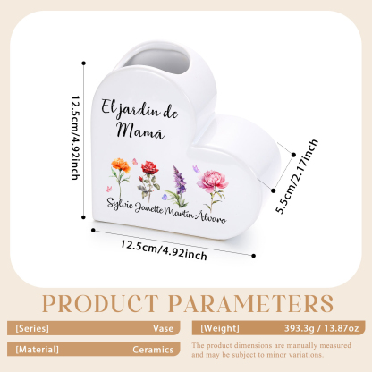 Jarrón de cerámica en forma de corazón personalizado con 1 a 12 flores de nacimiento y nombres de niños