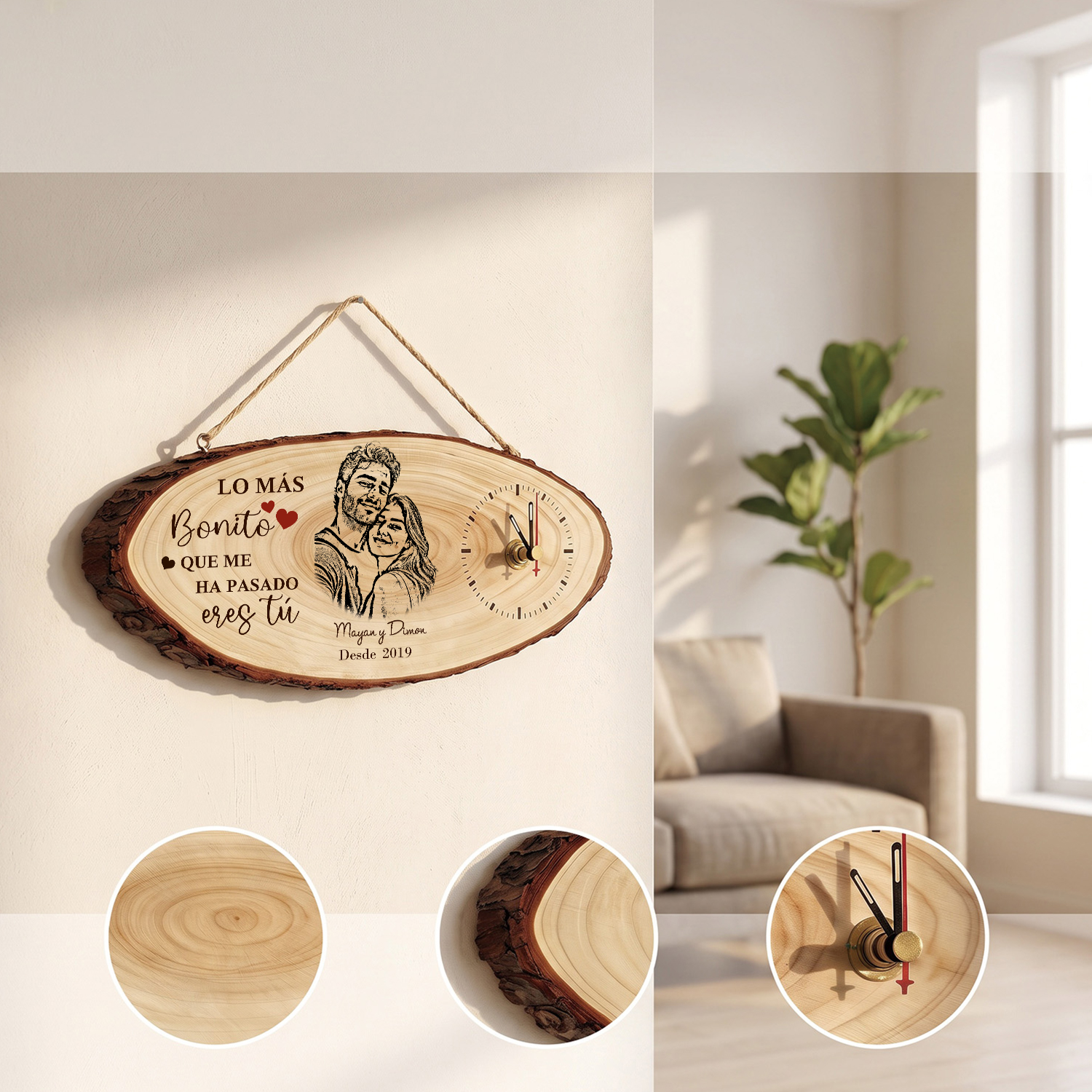Reloj de Madera Personalizado para Pareja con Foto, 2 Nombres y Fecha – Regalo de Aniversario o San Valentín