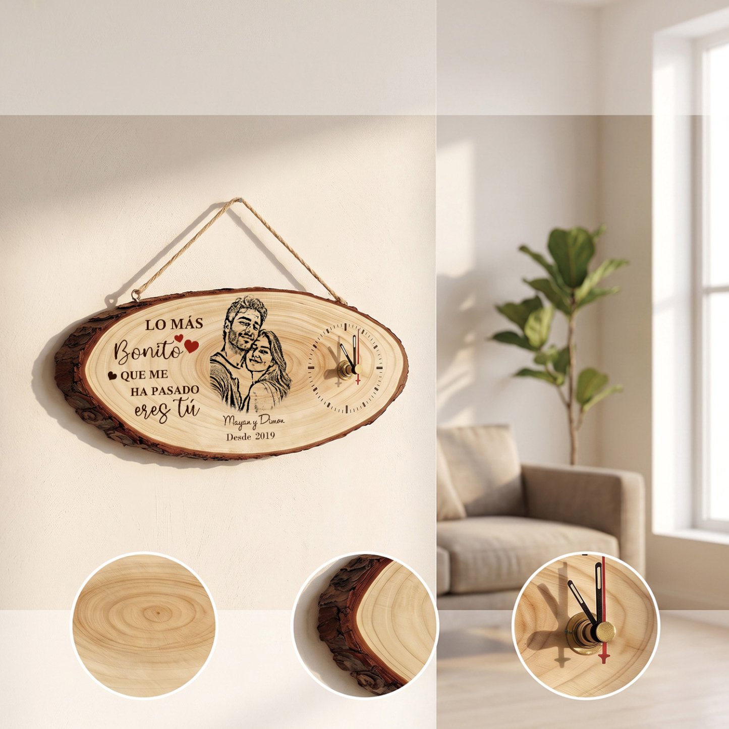 Reloj de Madera Personalizado para Pareja con Foto, 2 Nombres y Fecha – Regalo de Aniversario o San Valentín