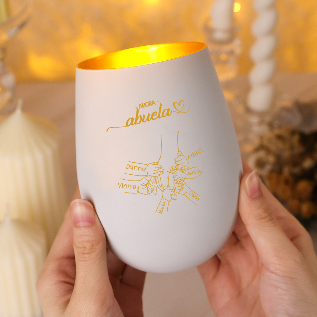 Portavelas de cristal personalizado con mano, con los nombres de 2 a 14 niños: primero mamá, ahora abuela