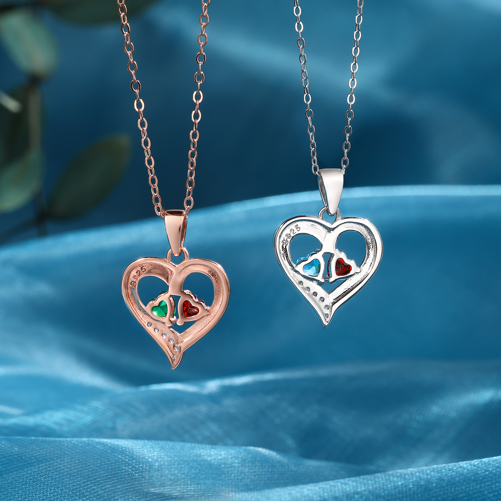 Collar de corazón de Plata 925 con 2 nombres y 2 piedras de nacimiento collar personalizado para mujer | Jessemade