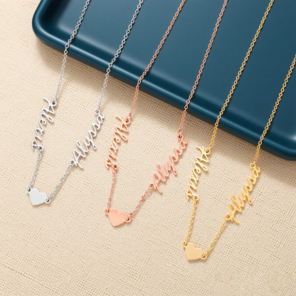 Collar para mujer de plata 925 con dos nombres personalizados y colgante de corazón