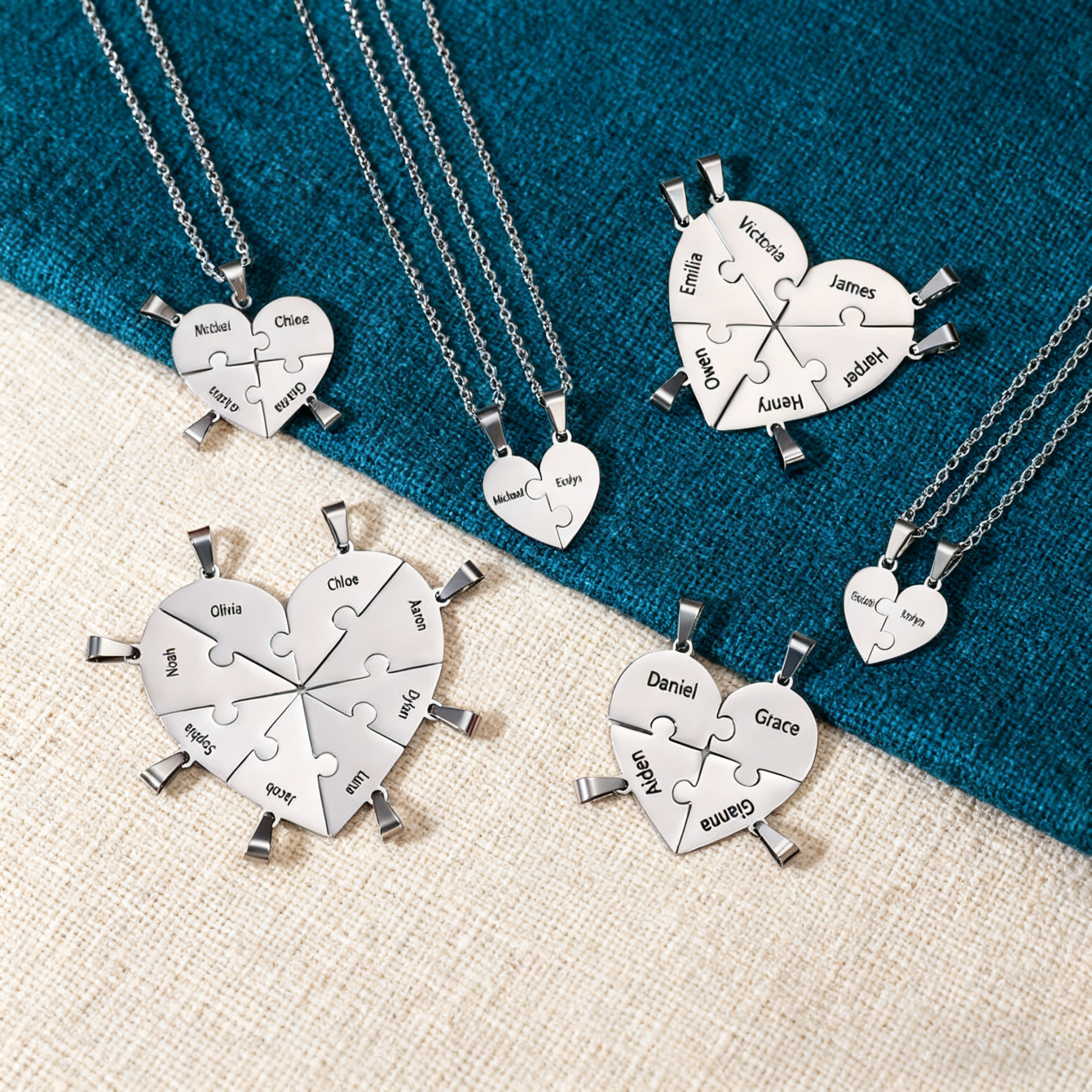 Collares de corazón 3 piezas de rompecabezas 3 nombres personalizados