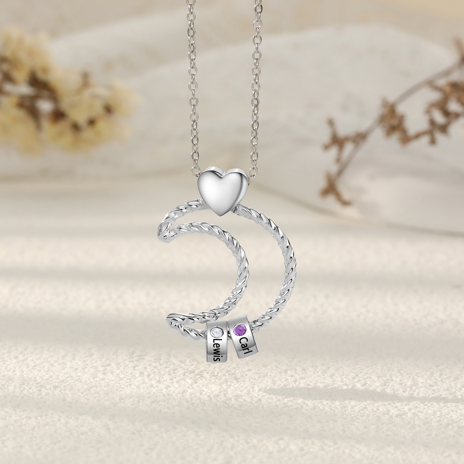 Collar con colgante de luna con aros de 2 piedras de nacimiento y 2 nombres personalizados