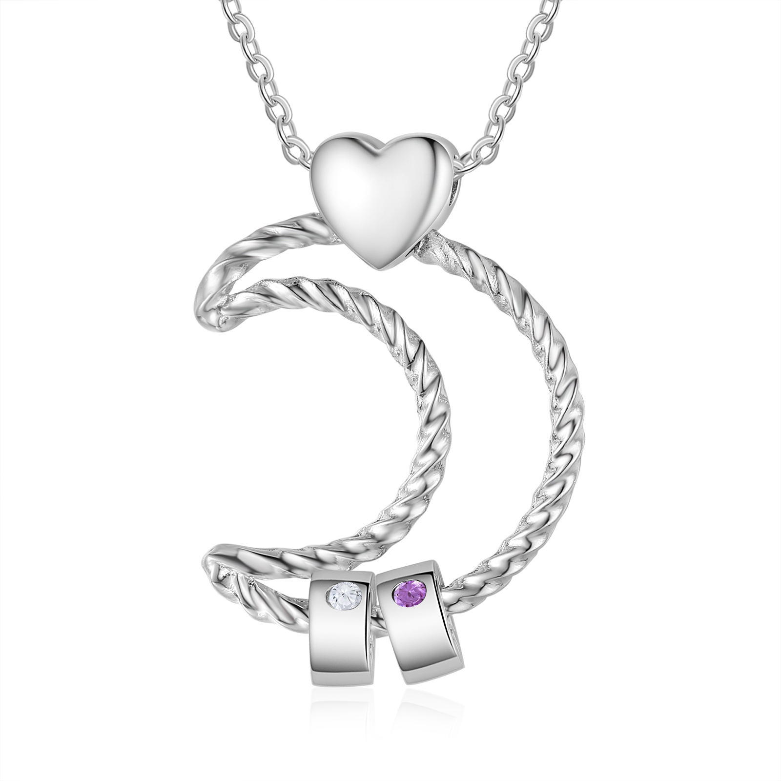 Collar con colgante de luna con aros de 2 piedras de nacimiento y 2 nombres personalizados