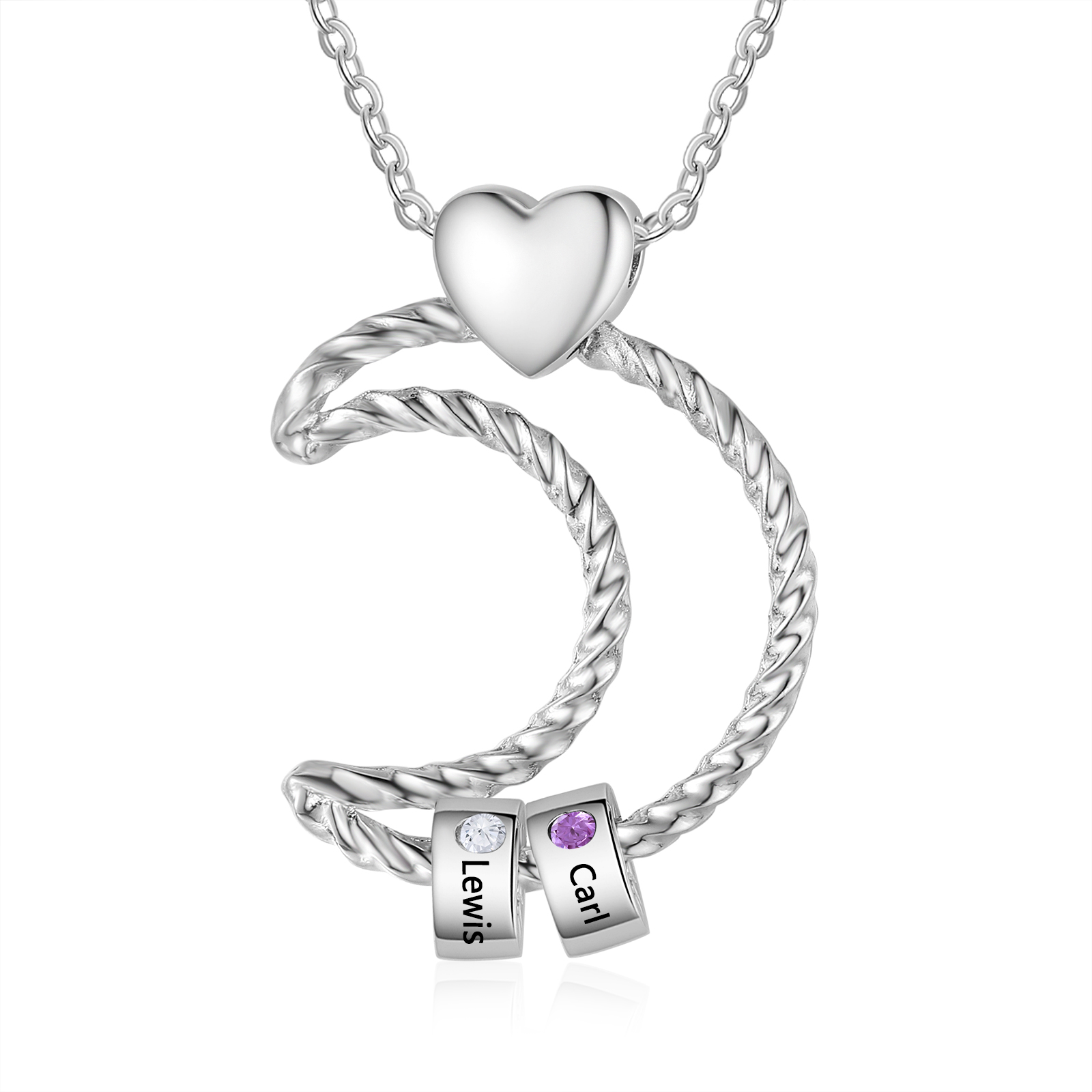 Collar con colgante de luna con aros de 2 piedras de nacimiento y 2 nombres personalizados