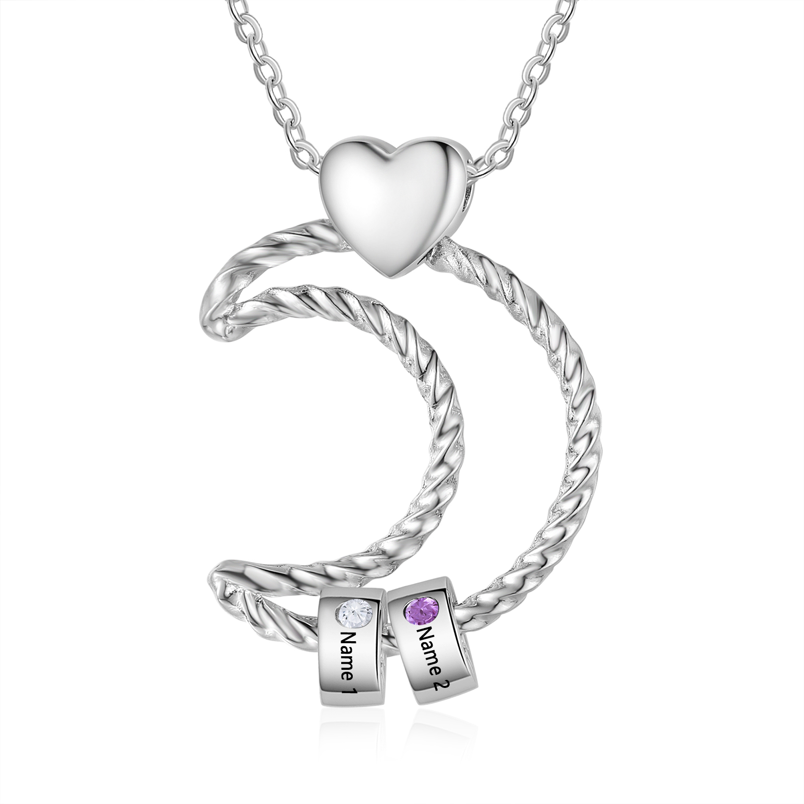 Collar con colgante de luna con aros de 2 piedras de nacimiento y 2 nombres personalizados