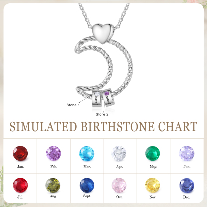 Collar con colgante de luna con aros de 2 piedras de nacimiento y 2 nombres personalizados