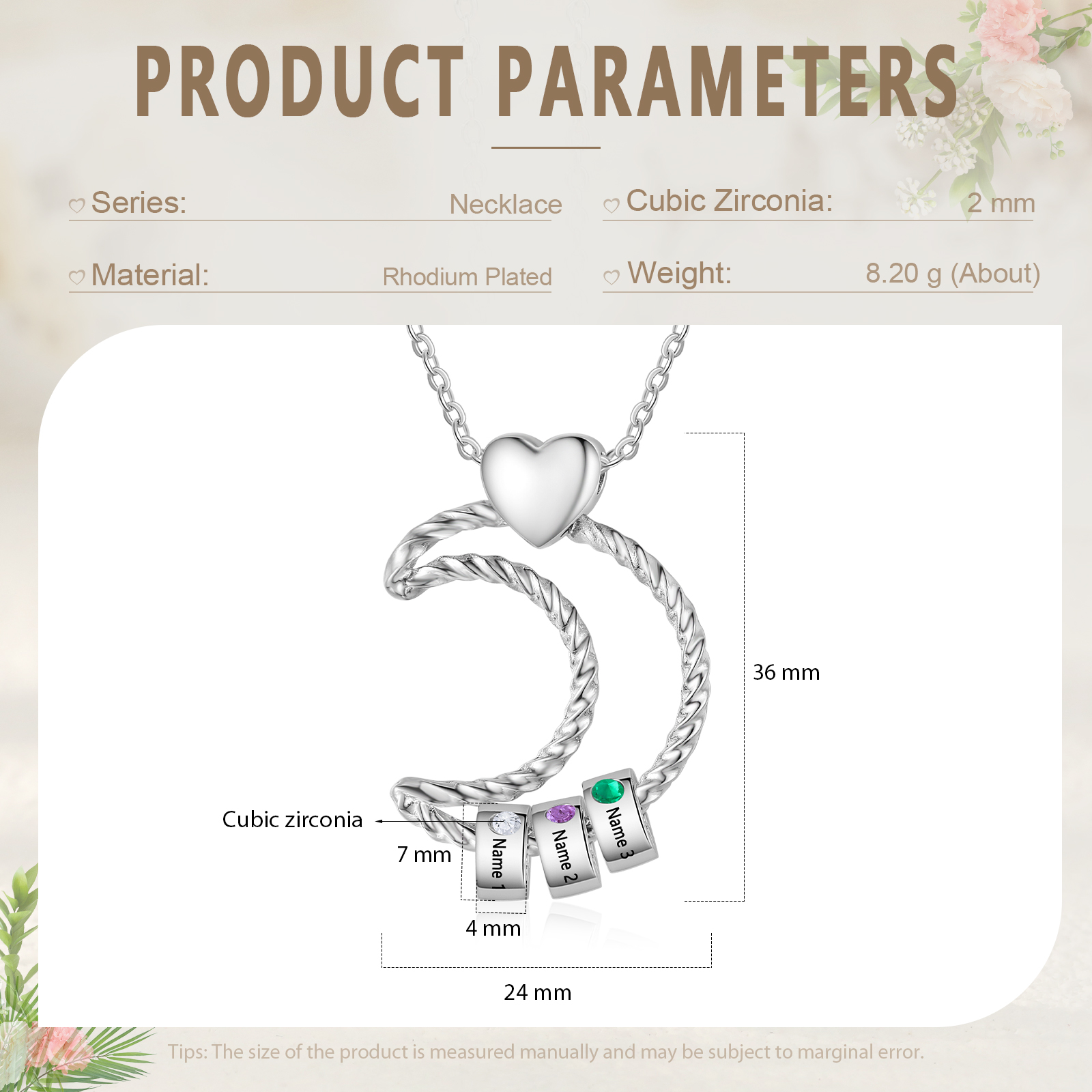 Collar con colgante de luna con aros de 3 piedras de nacimiento y 3 nombres personalizados