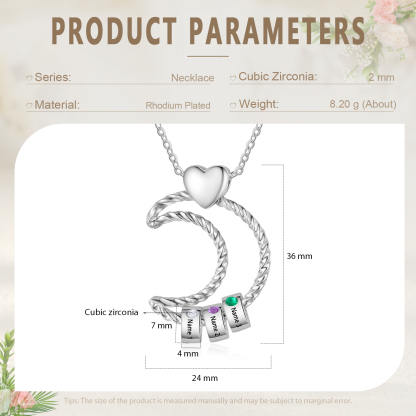 Collar con colgante de luna con aros de 3 piedras de nacimiento y 3 nombres personalizados
