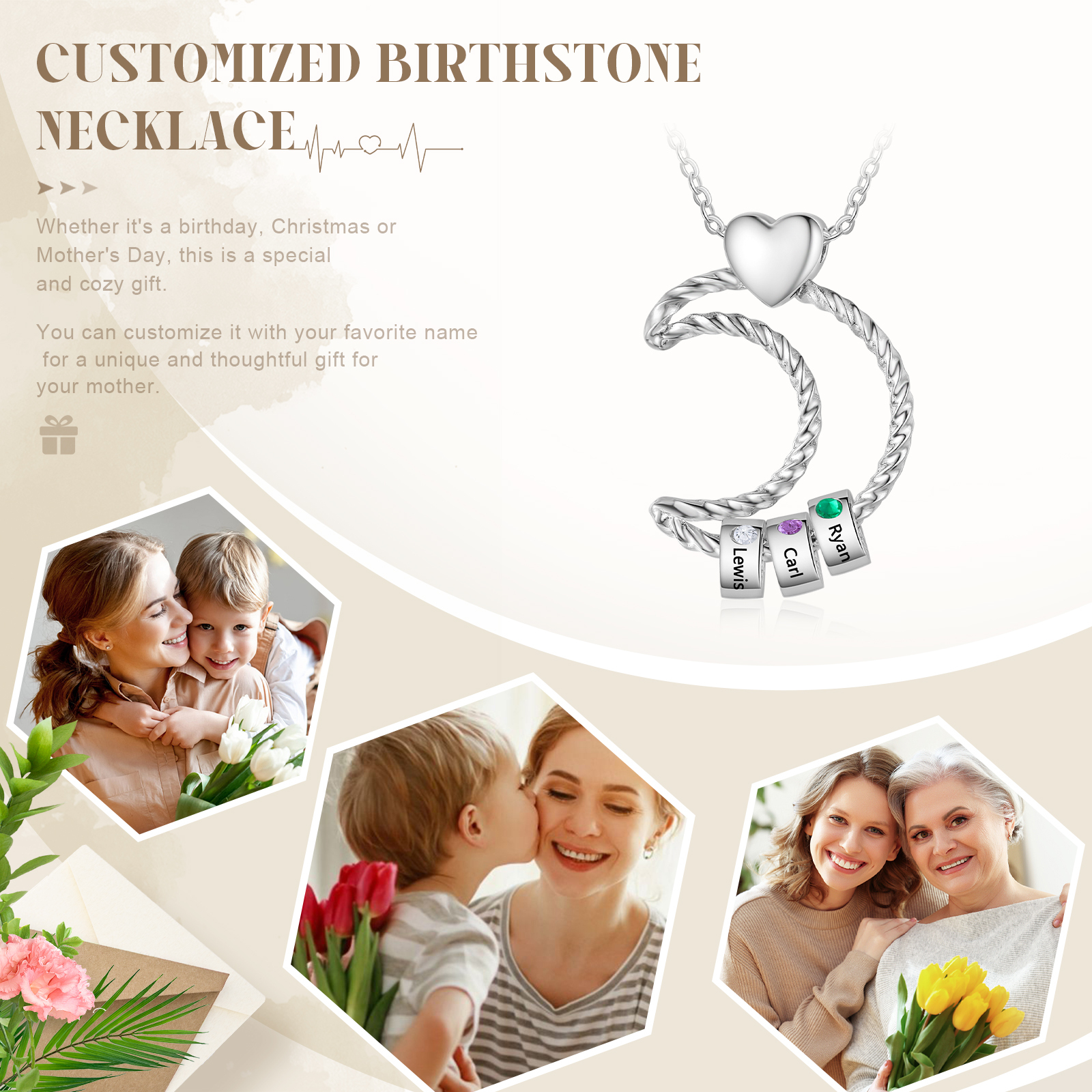 Collar con colgante de luna con aros de 3 piedras de nacimiento y 3 nombres personalizados