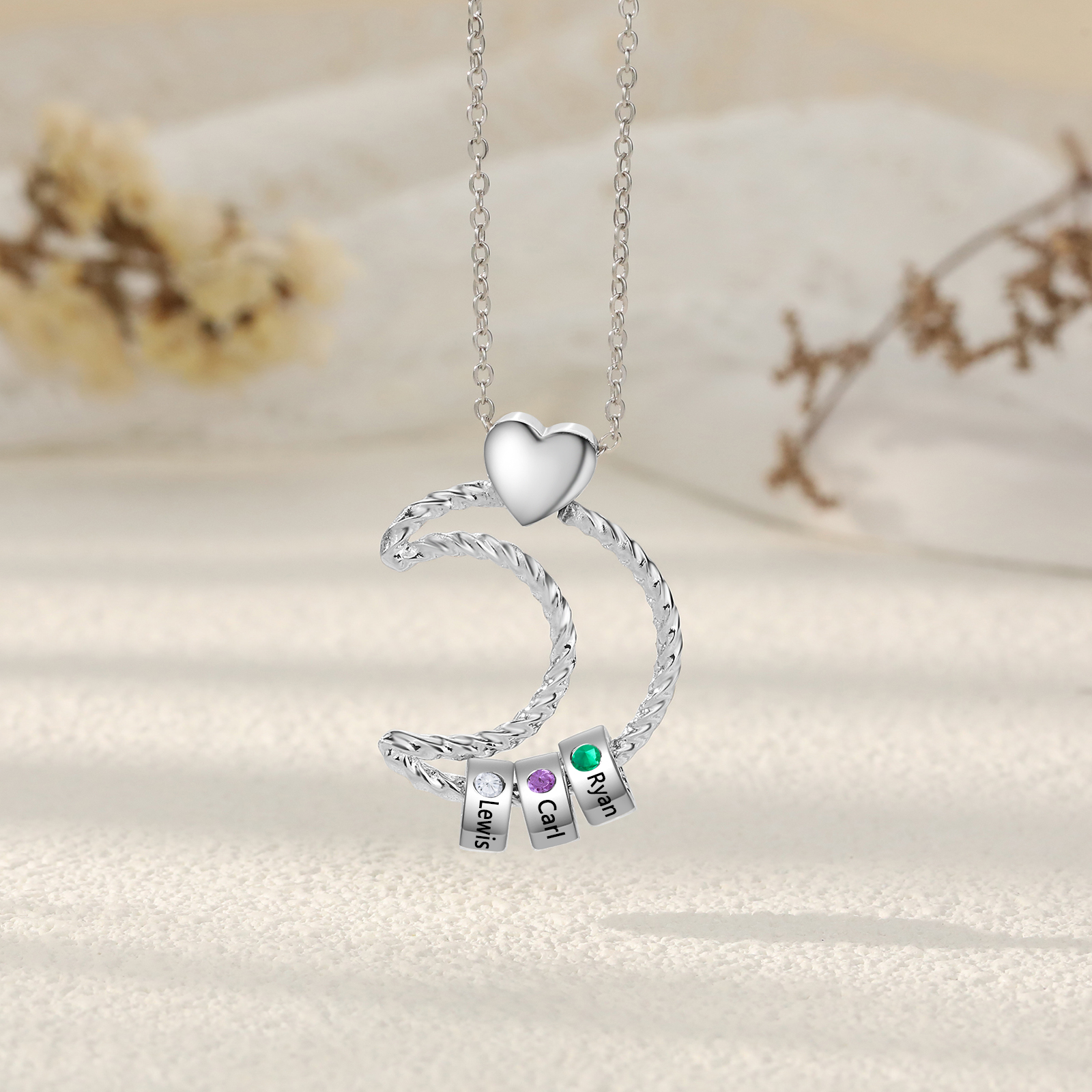 Collar con colgante de luna con aros de 3 piedras de nacimiento y 3 nombres personalizados