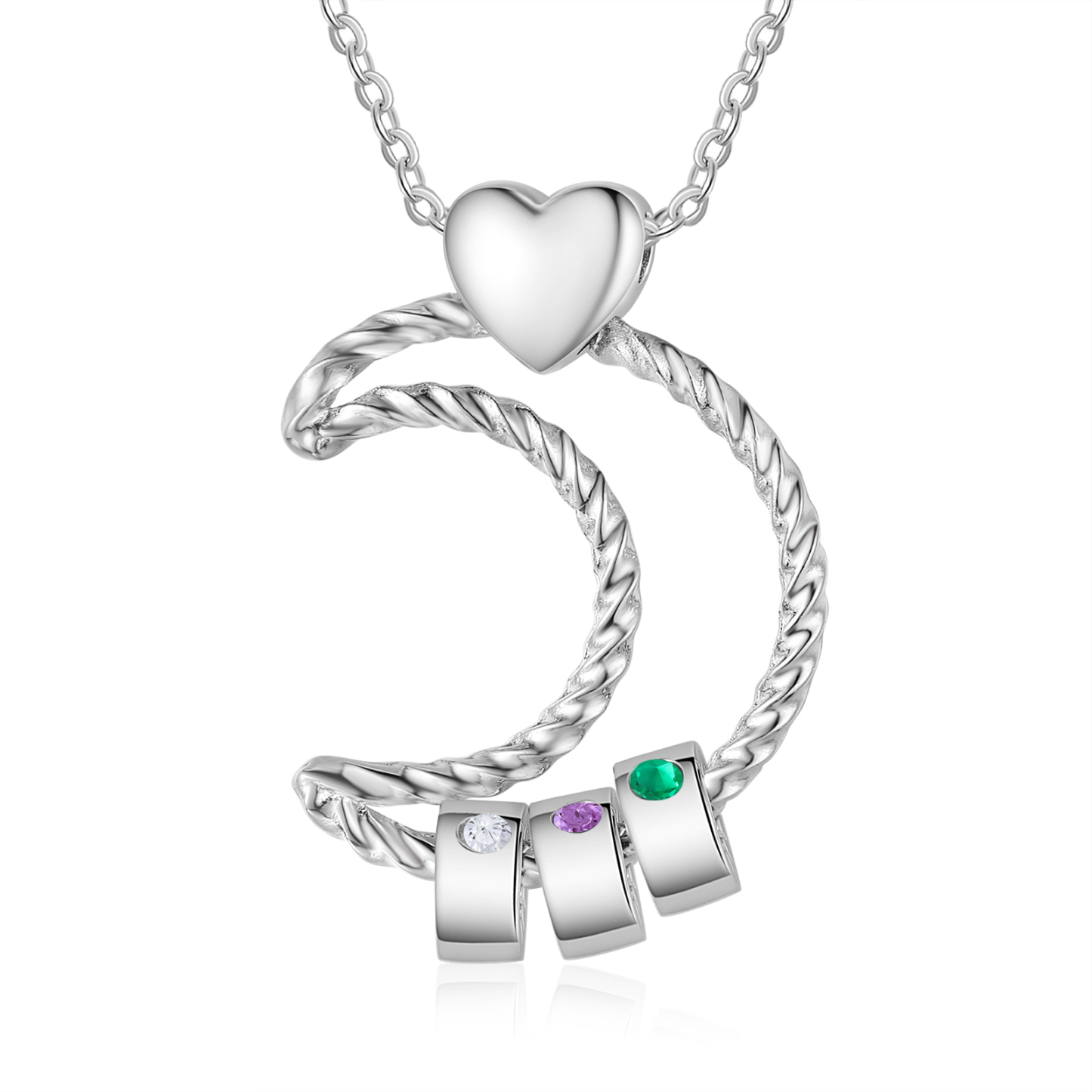 Collar con colgante de luna con aros de 3 piedras de nacimiento y 3 nombres personalizados