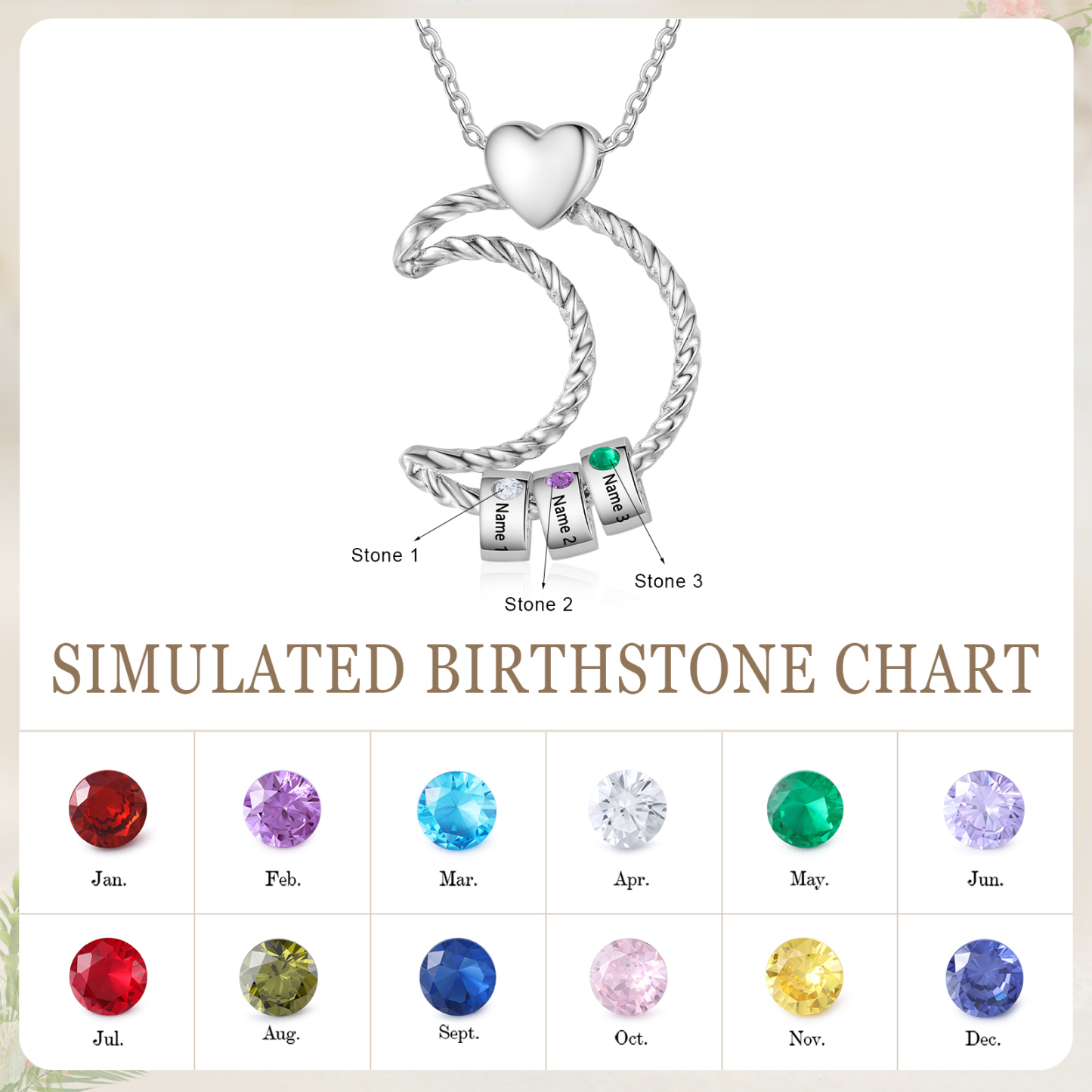 Collar con colgante de luna con aros de 3 piedras de nacimiento y 3 nombres personalizados
