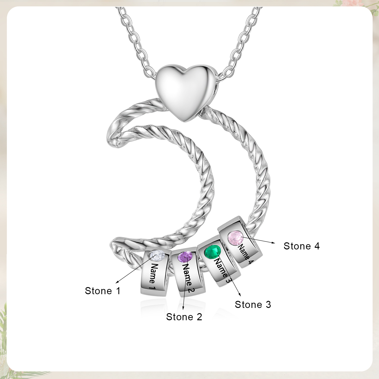 Collar con colgante de luna con aros de 4 piedras de nacimiento y 4 nombres personalizados
