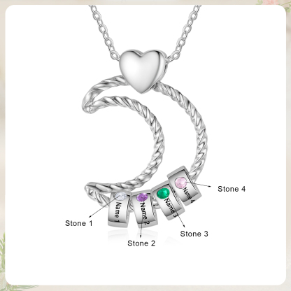 Collar con colgante de luna con aros de 4 piedras de nacimiento y 4 nombres personalizados