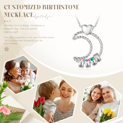 Collar con colgante de luna con aros de 4 piedras de nacimiento y 4 nombres personalizados