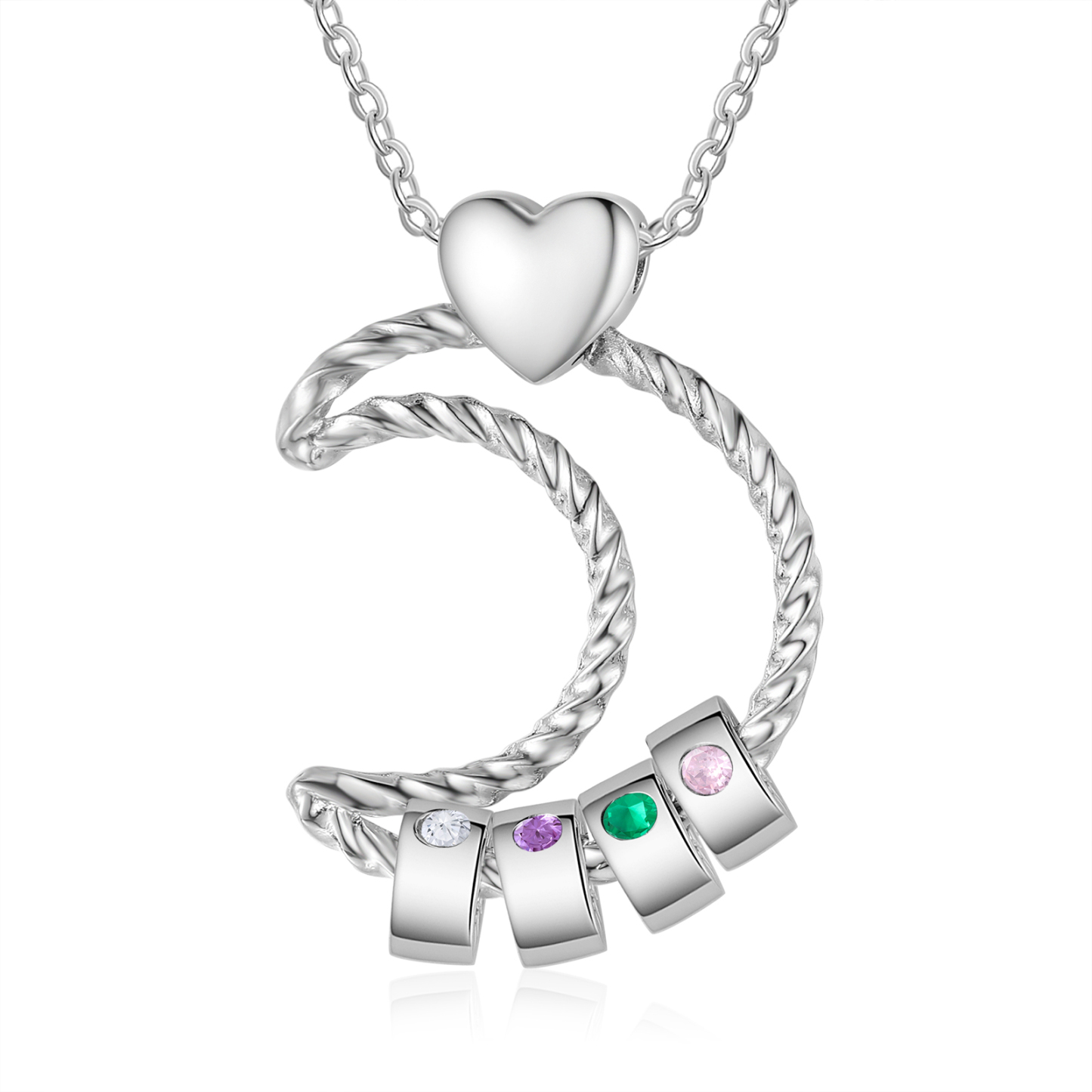 Collar con colgante de luna con aros de 4 piedras de nacimiento y 4 nombres personalizados