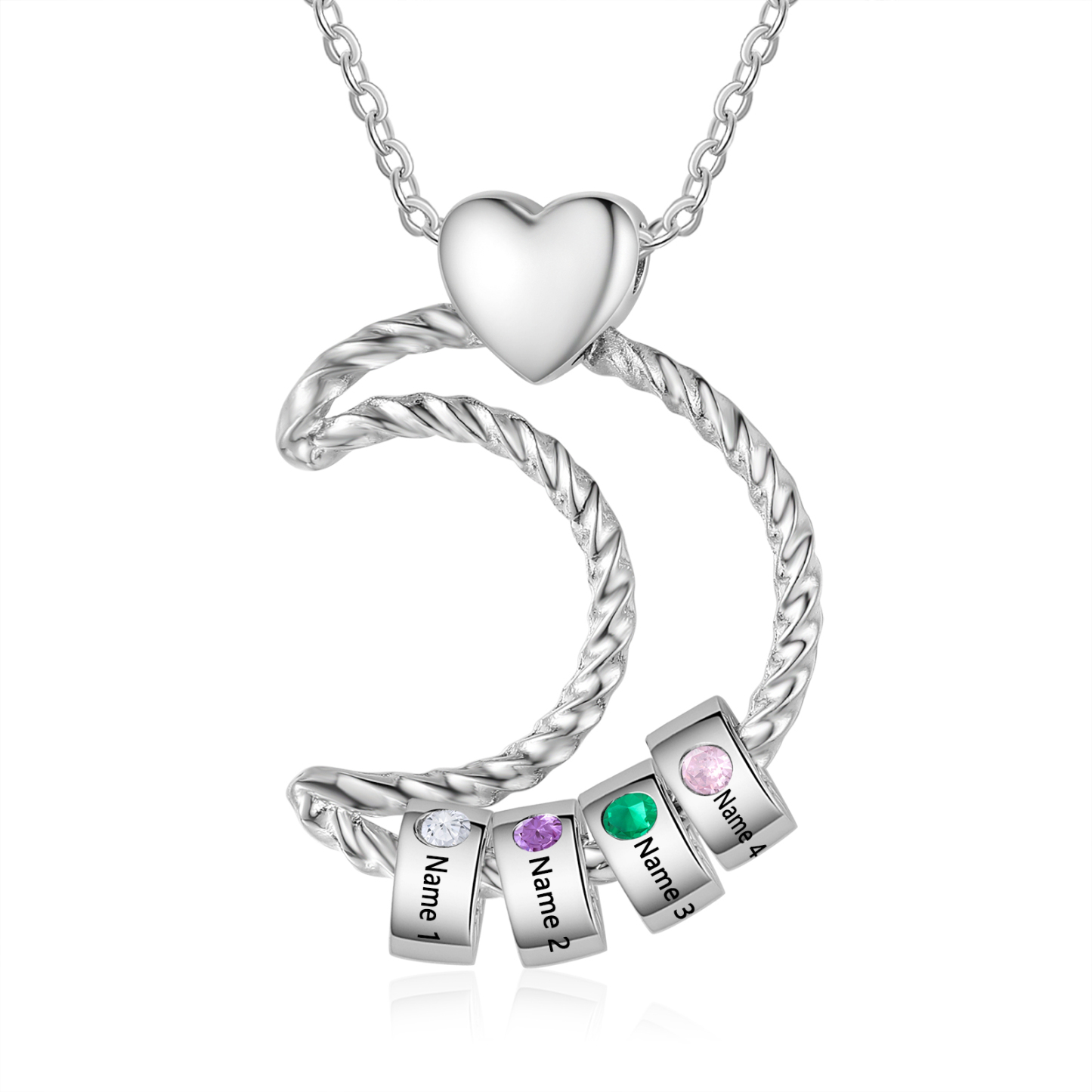 Collar con colgante de luna con aros de 4 piedras de nacimiento y 4 nombres personalizados