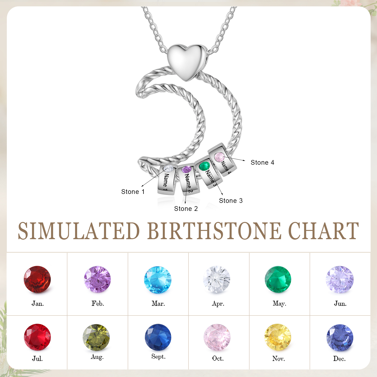 Collar con colgante de luna con aros de 4 piedras de nacimiento y 4 nombres personalizados