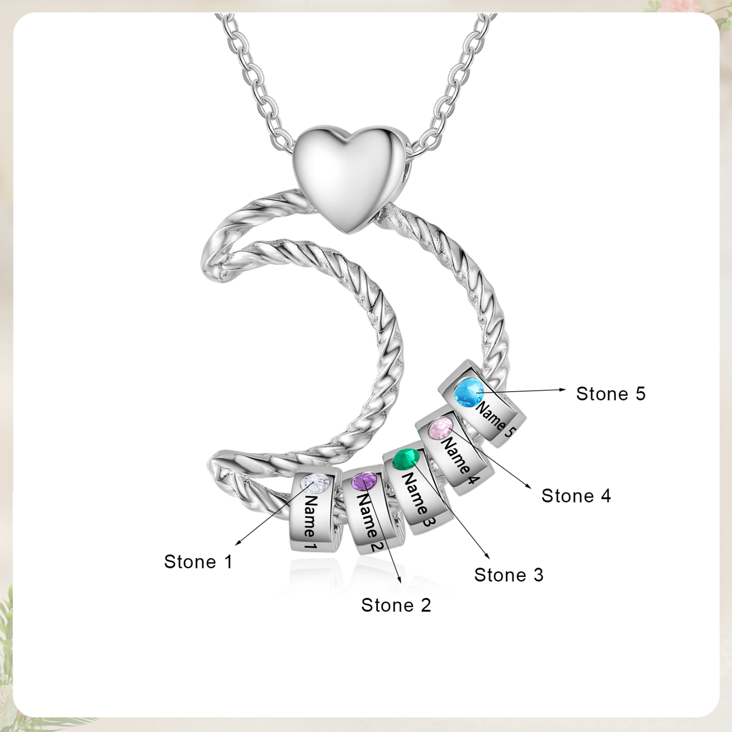 Collar con colgante de luna con aros de 5 piedras de nacimiento y 5 nombres personalizados