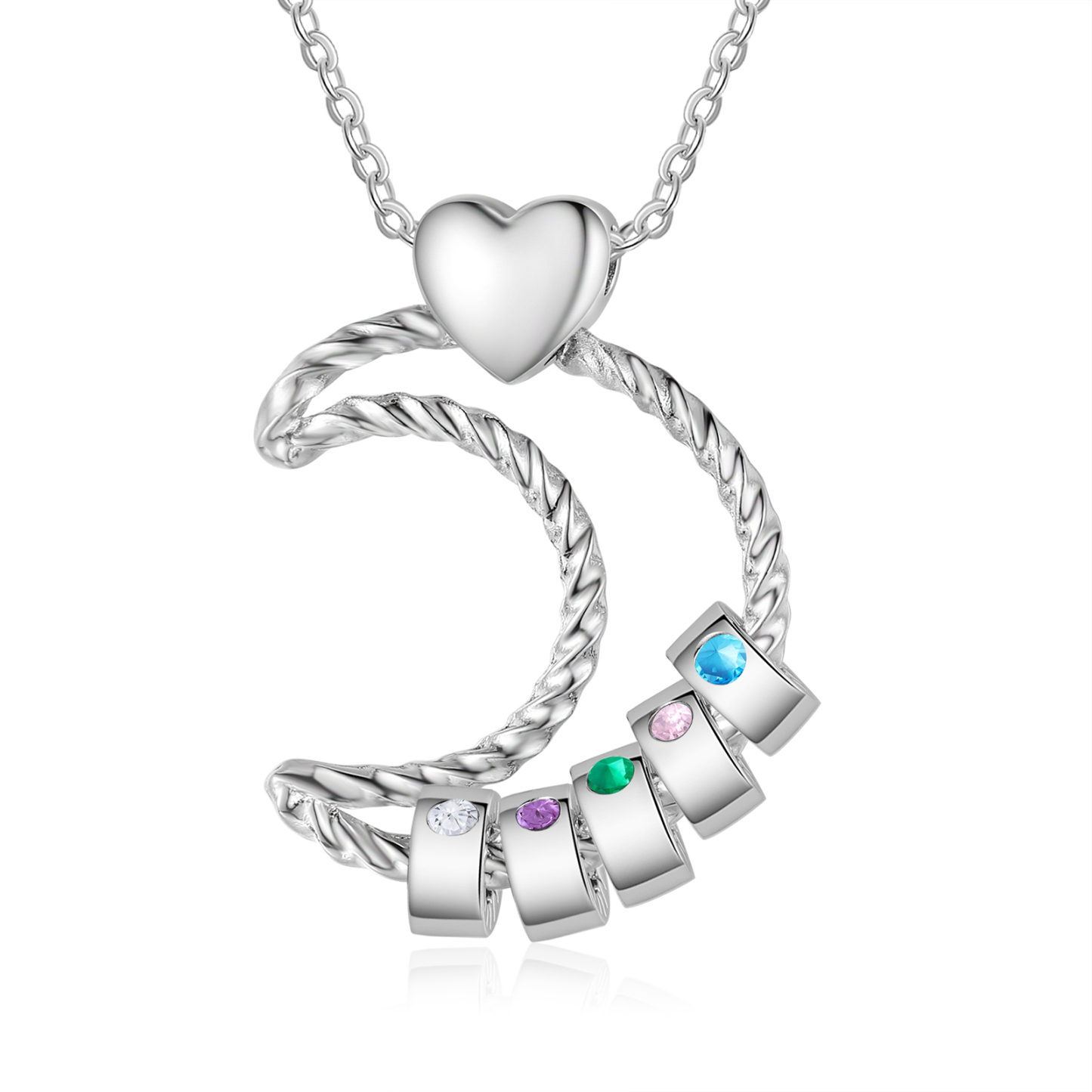 Collar con colgante de luna con aros de 5 piedras de nacimiento y 5 nombres personalizados