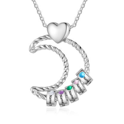 Collar con colgante de luna con aros de 5 piedras de nacimiento y 5 nombres personalizados