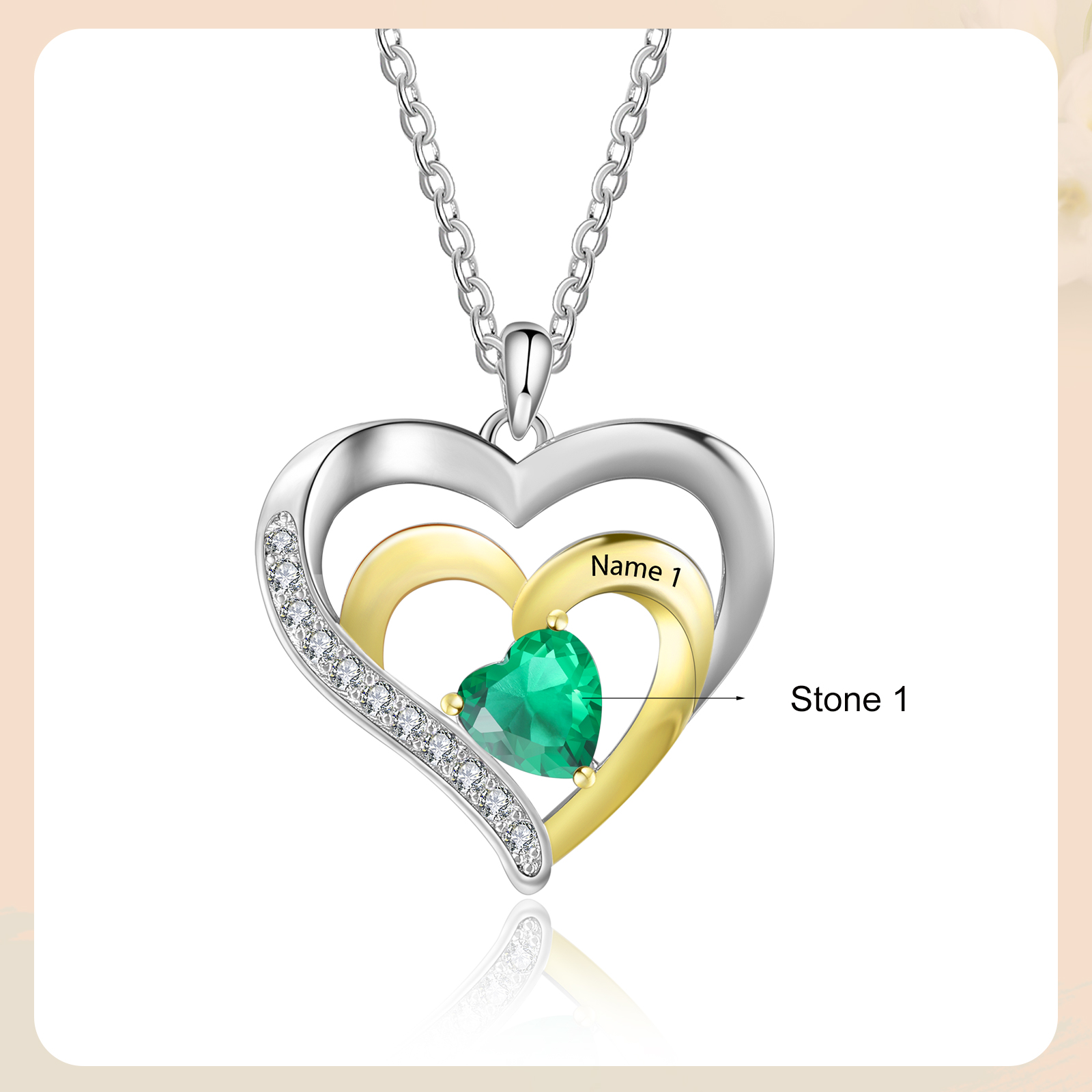 Collar para mujer de corazón de plata 925 con 1 nombre y 1 piedra de nacimiento personalizados