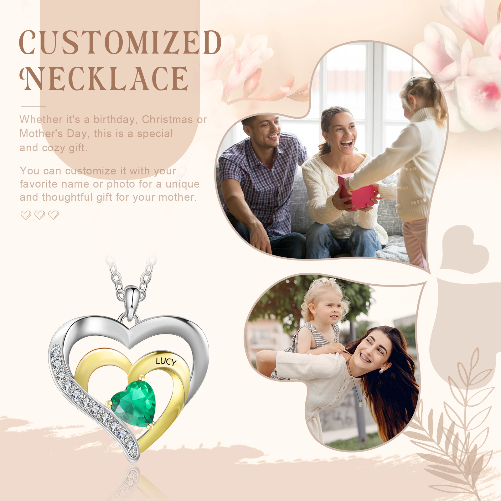 Collar para mujer de corazón de plata 925 con 1 nombre y 1 piedra de nacimiento personalizados