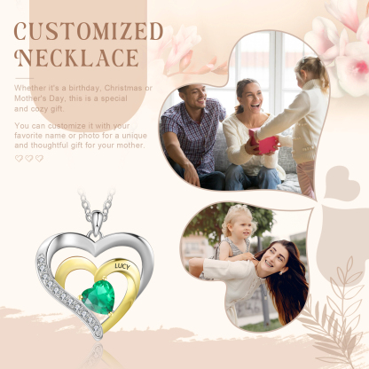 Collar para mujer de corazón de plata 925 con 1 nombre y 1 piedra de nacimiento personalizados