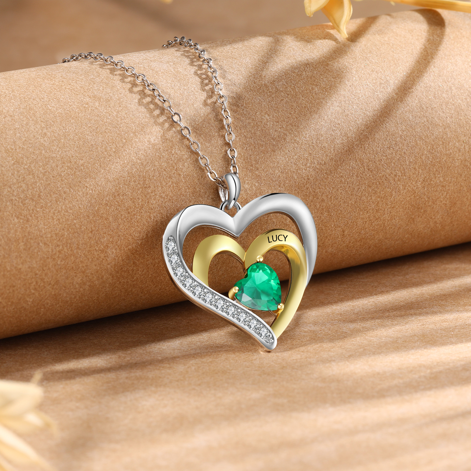 Collar para mujer de corazón de plata 925 con 1 nombre y 1 piedra de nacimiento personalizados
