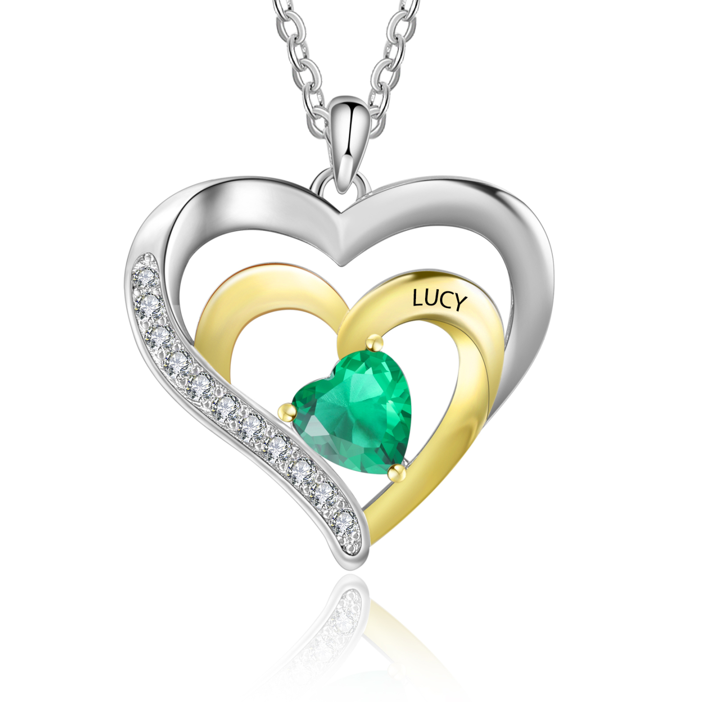 Collar para mujer de corazón de plata 925 con 1 nombre y 1 piedra de nacimiento personalizados