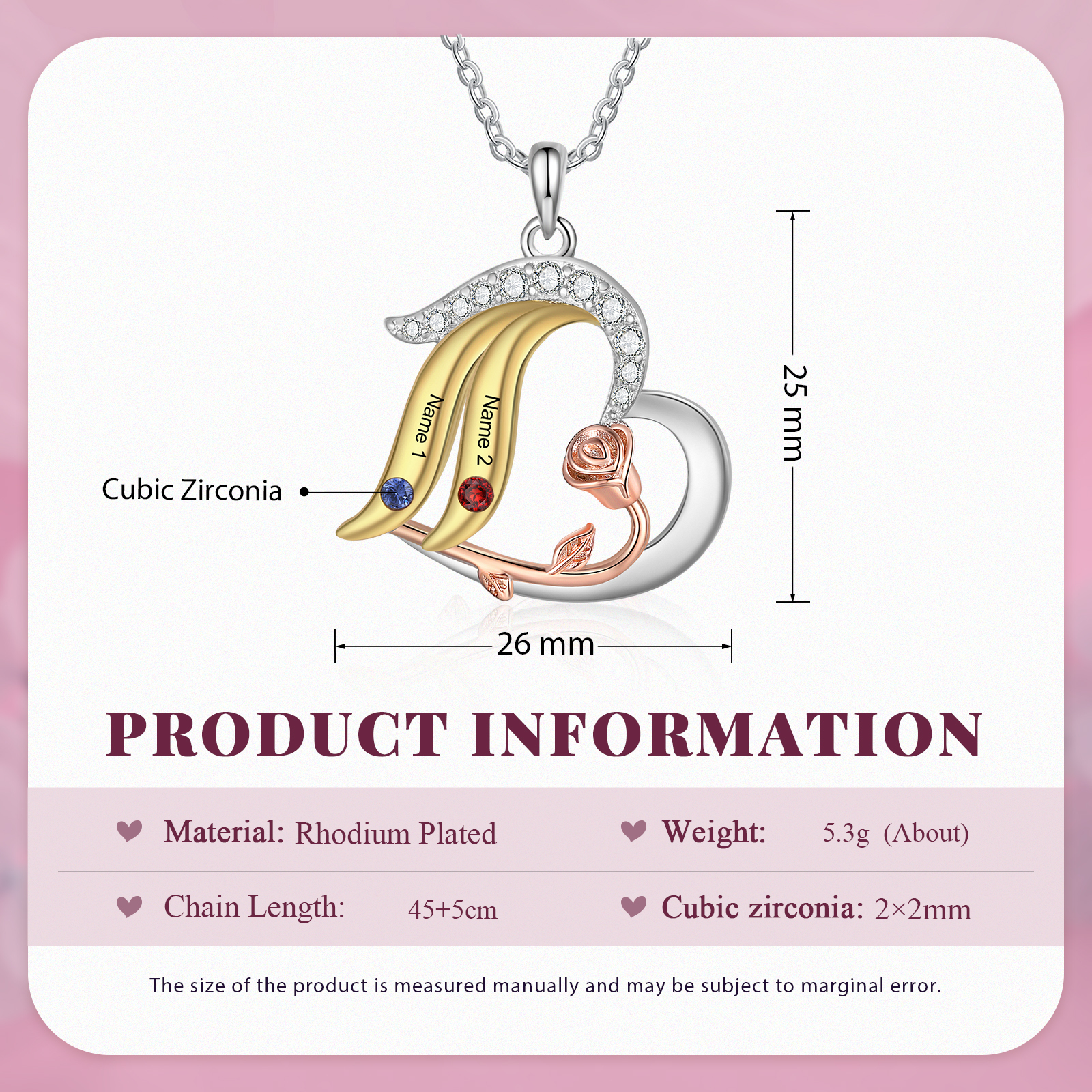 Collar de corazón con ala y rosa con 2 piedras de nacimiento y 2 nombres collar personalizado para mujer | Jessemade