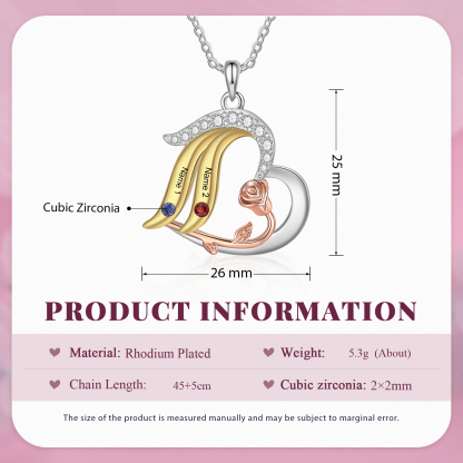 Collar de corazón con ala y rosa con 2 piedras de nacimiento y 2 nombres collar personalizado para mujer | Jessemade