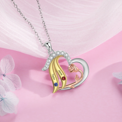 Collar de corazón con ala y rosa con 2 piedras de nacimiento y 2 nombr