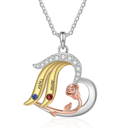 Collar de corazón con ala y rosa con 2 piedras de nacimiento y 2 nombres collar personalizado para mujer | Jessemade