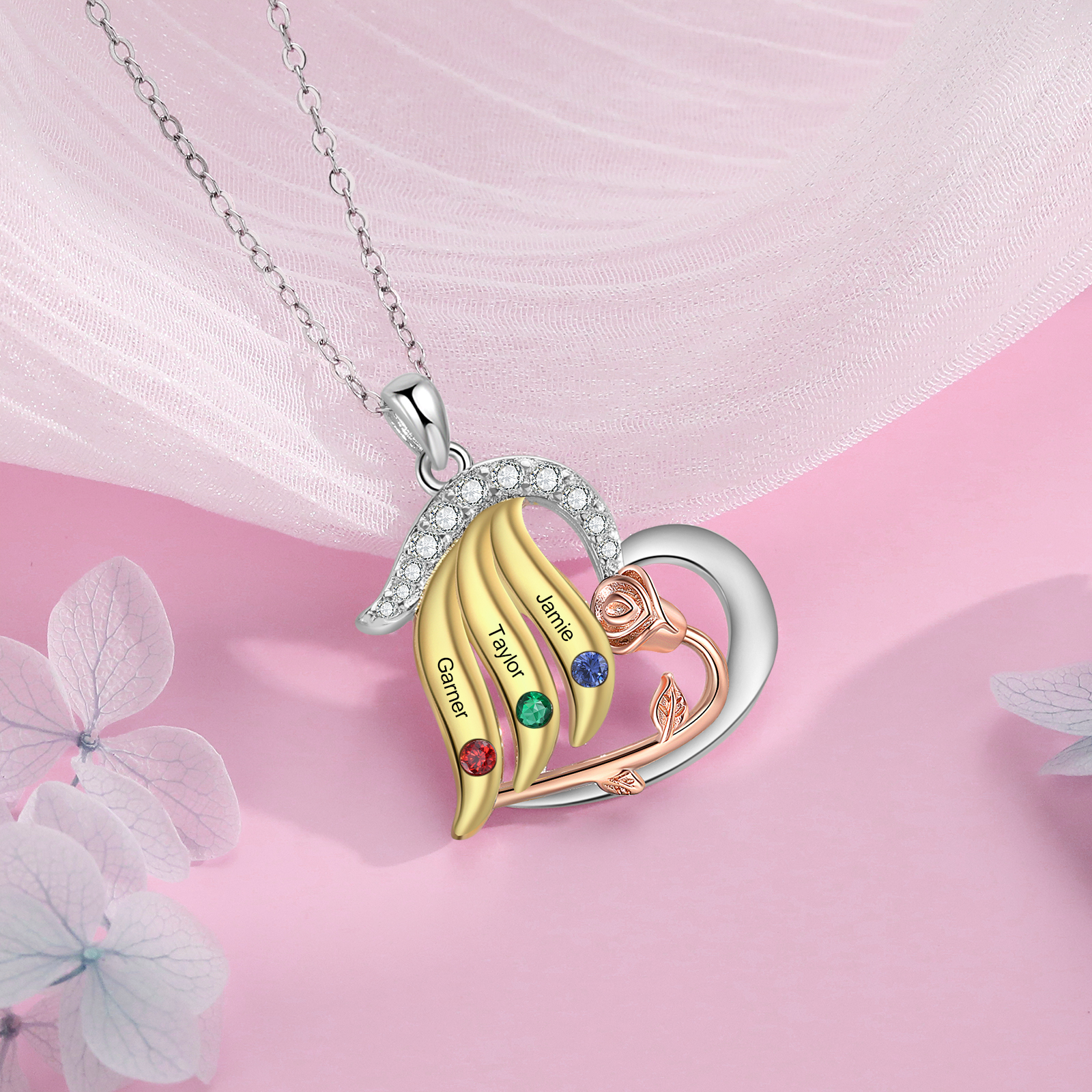 Collar de corazón con ala y rosa con 2 piedras de nacimiento y 2 nombr