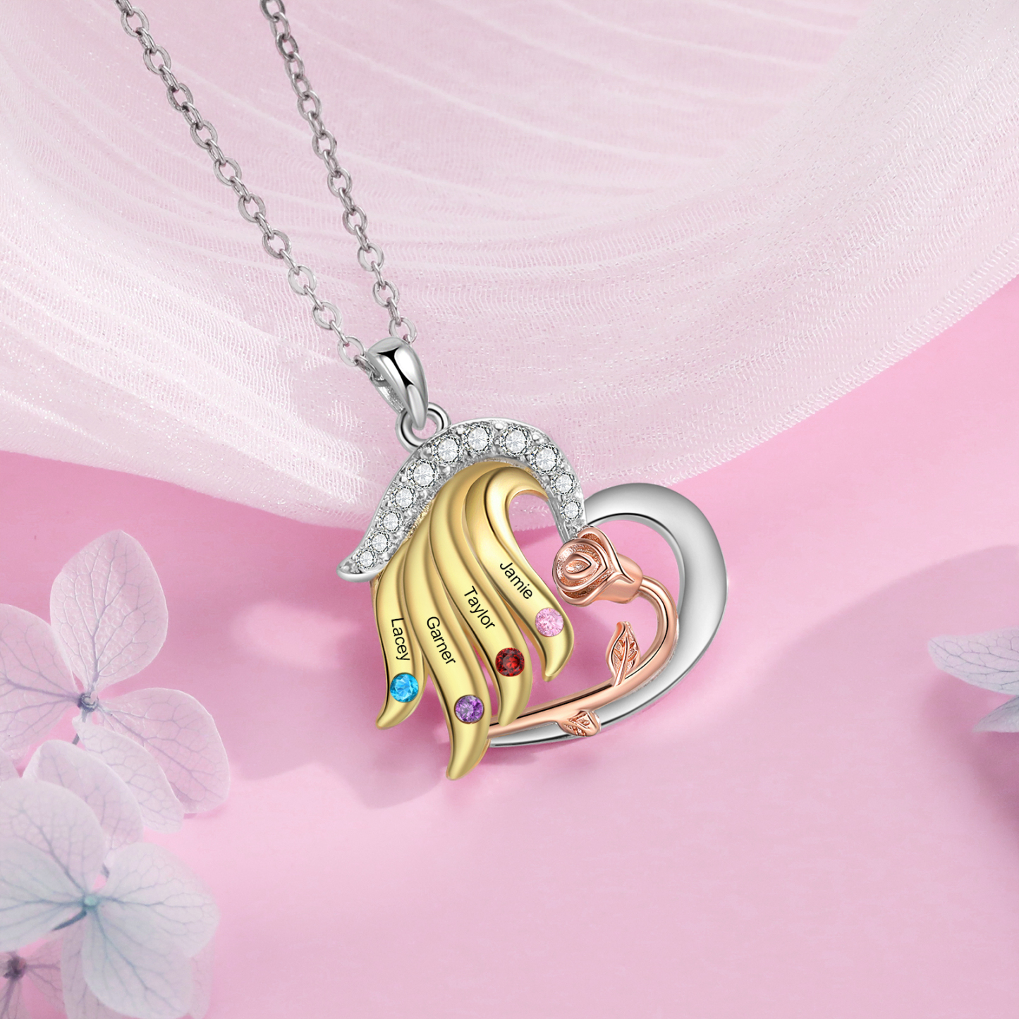 Collar de corazón con ala y rosa con 2 piedras de nacimiento y 2 nombr