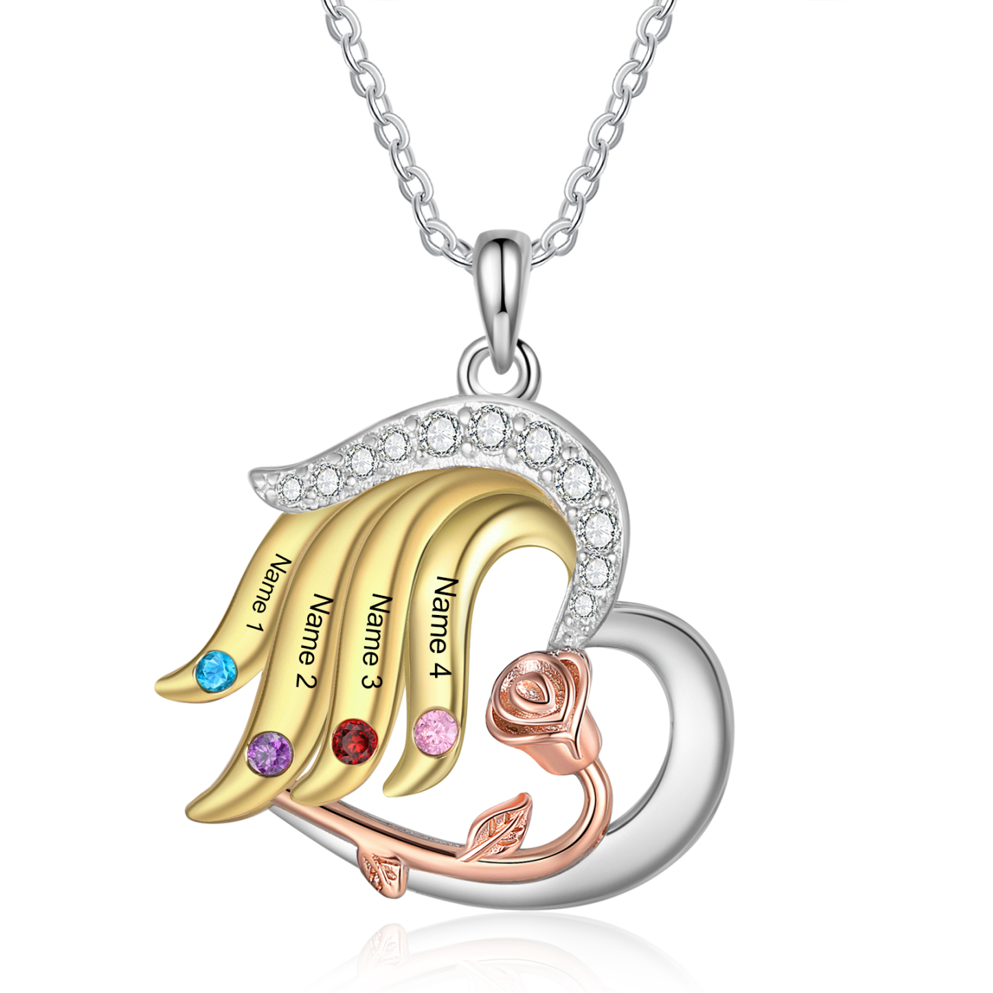 Collar de corazón con ala y rosa con 4 piedras de nacimiento y 4 nombres collar personalizado para mujer | Jessemade
