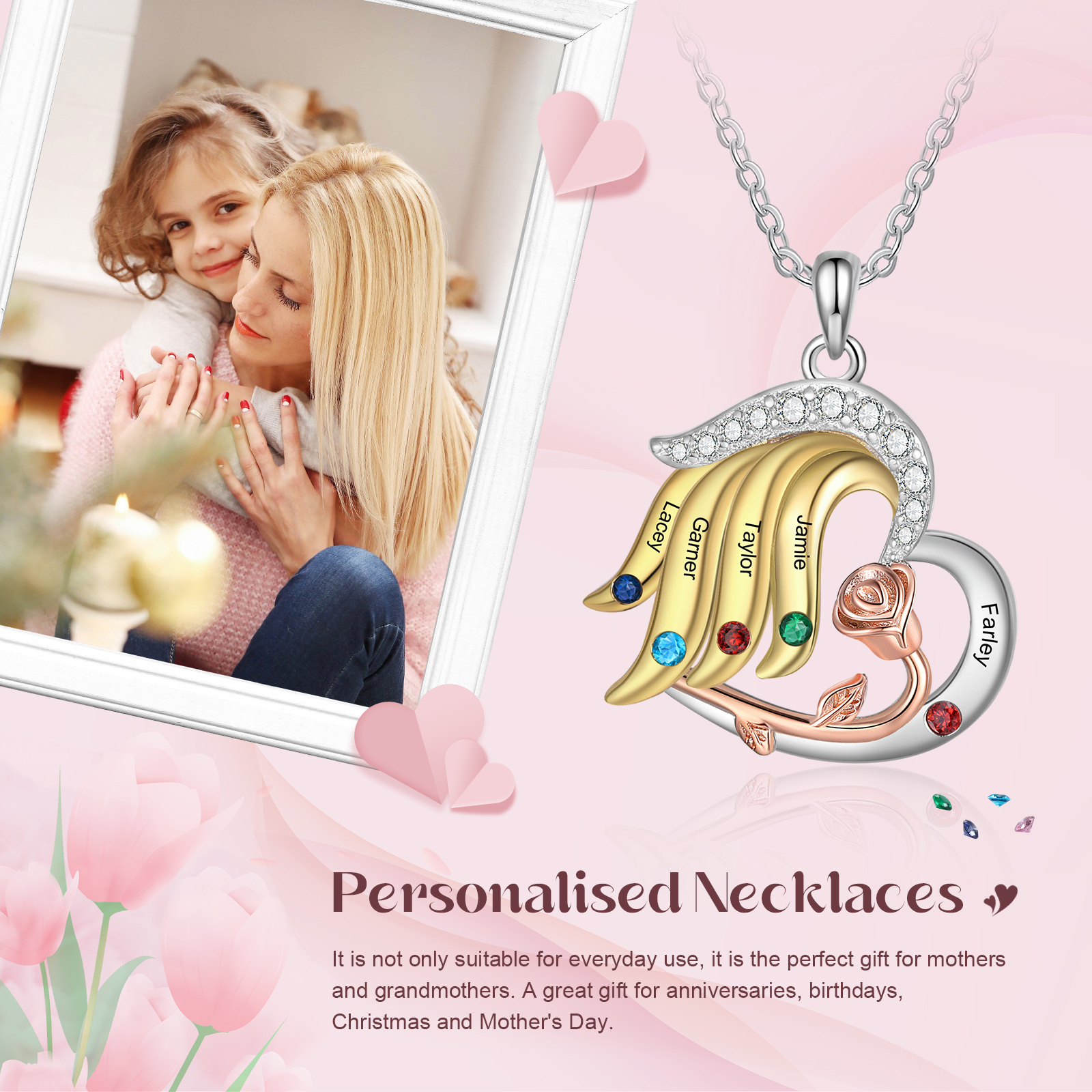 Collar de corazón con ala y rosa con 5 piedras de nacimiento y 5 nombres collar personalizado para mujer | Jessemade
