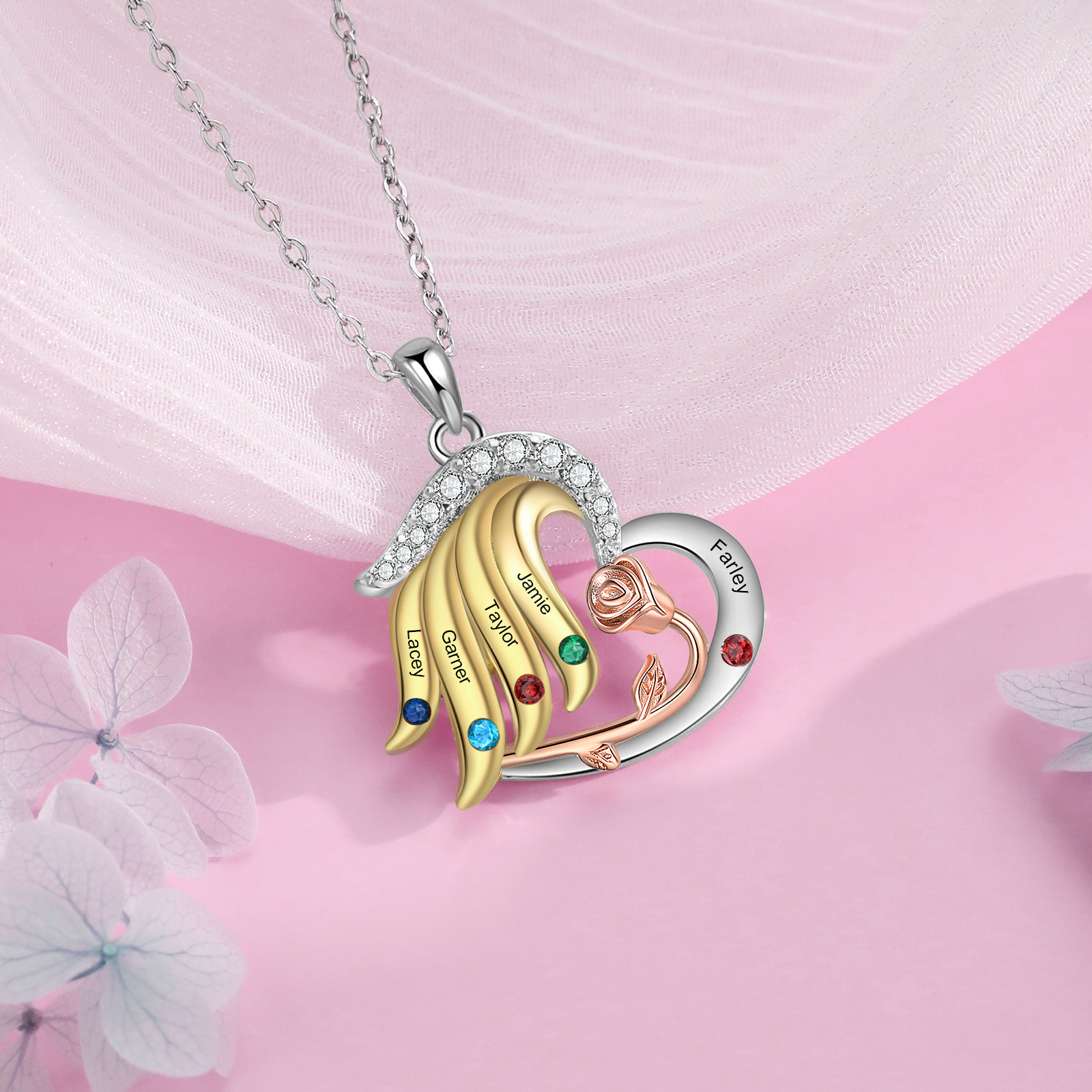 Collar de corazón con ala y rosa con 2 piedras de nacimiento y 2 nombr
