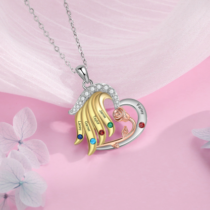 Collar de corazón con ala y rosa con 2 piedras de nacimiento y 2 nombr