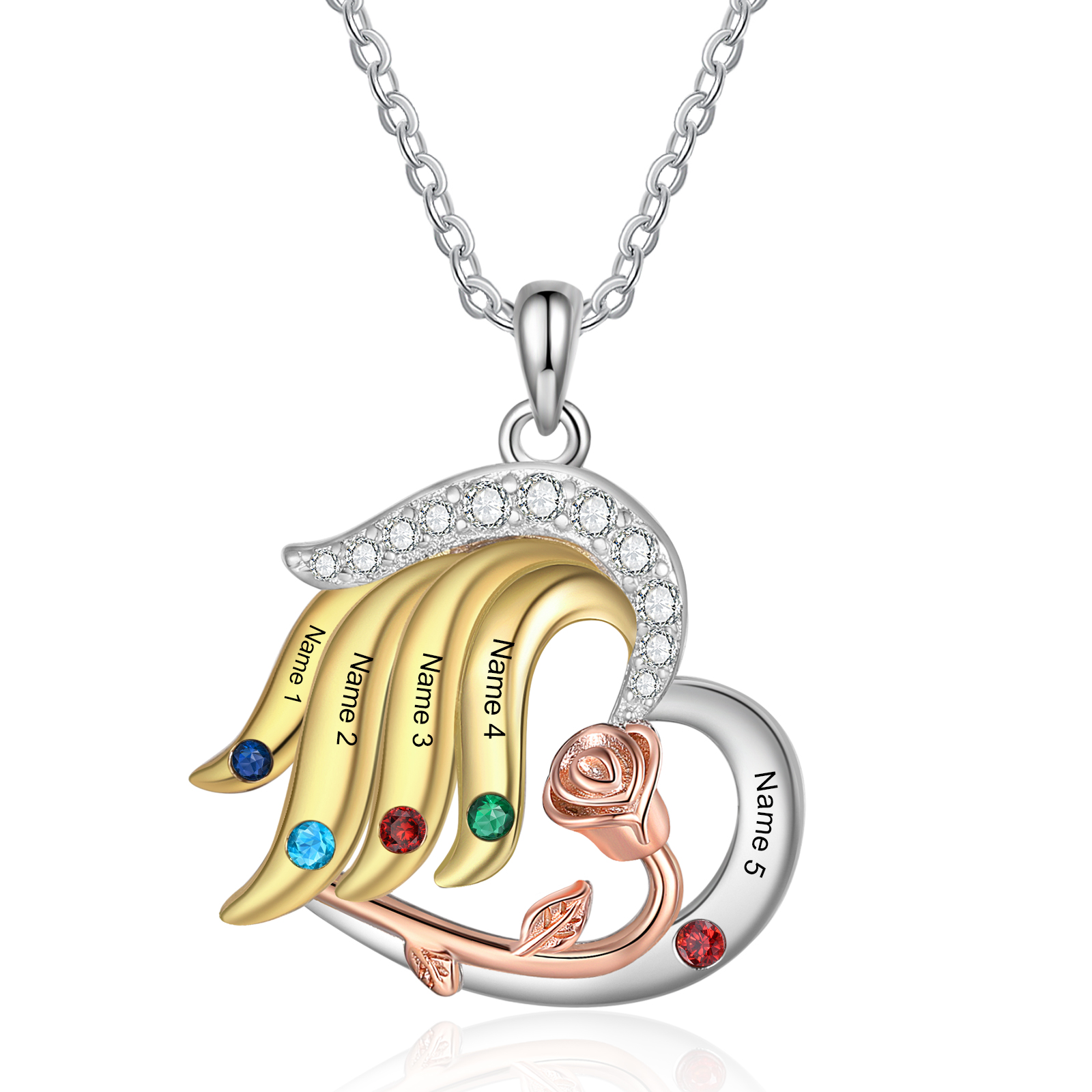 Collar de corazón con ala y rosa con 5 piedras de nacimiento y 5 nombres collar personalizado para mujer | Jessemade