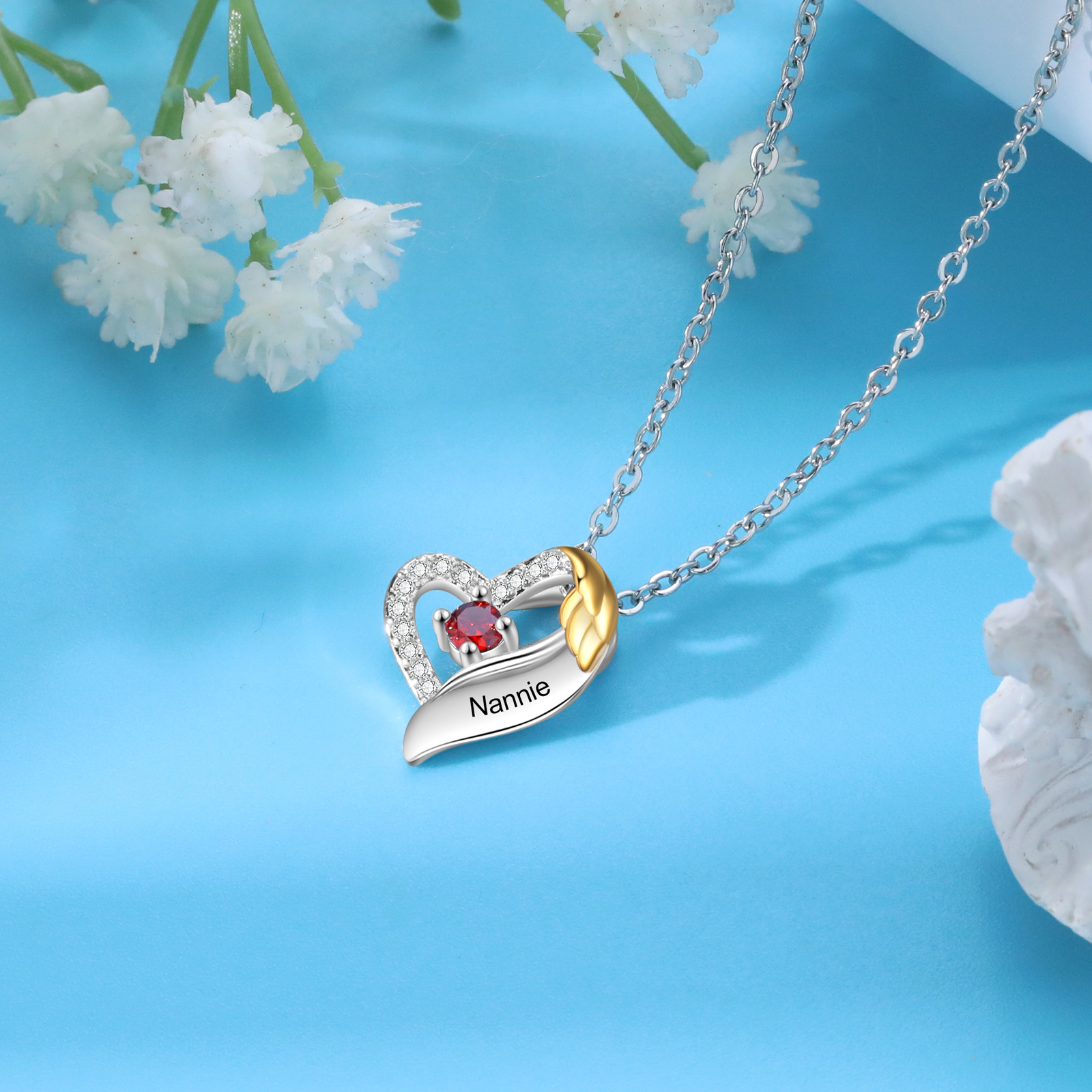 Collar de corazón con 1 piedra de nacimiento y 1 nombre collar personalizado para mujer | Jessemade